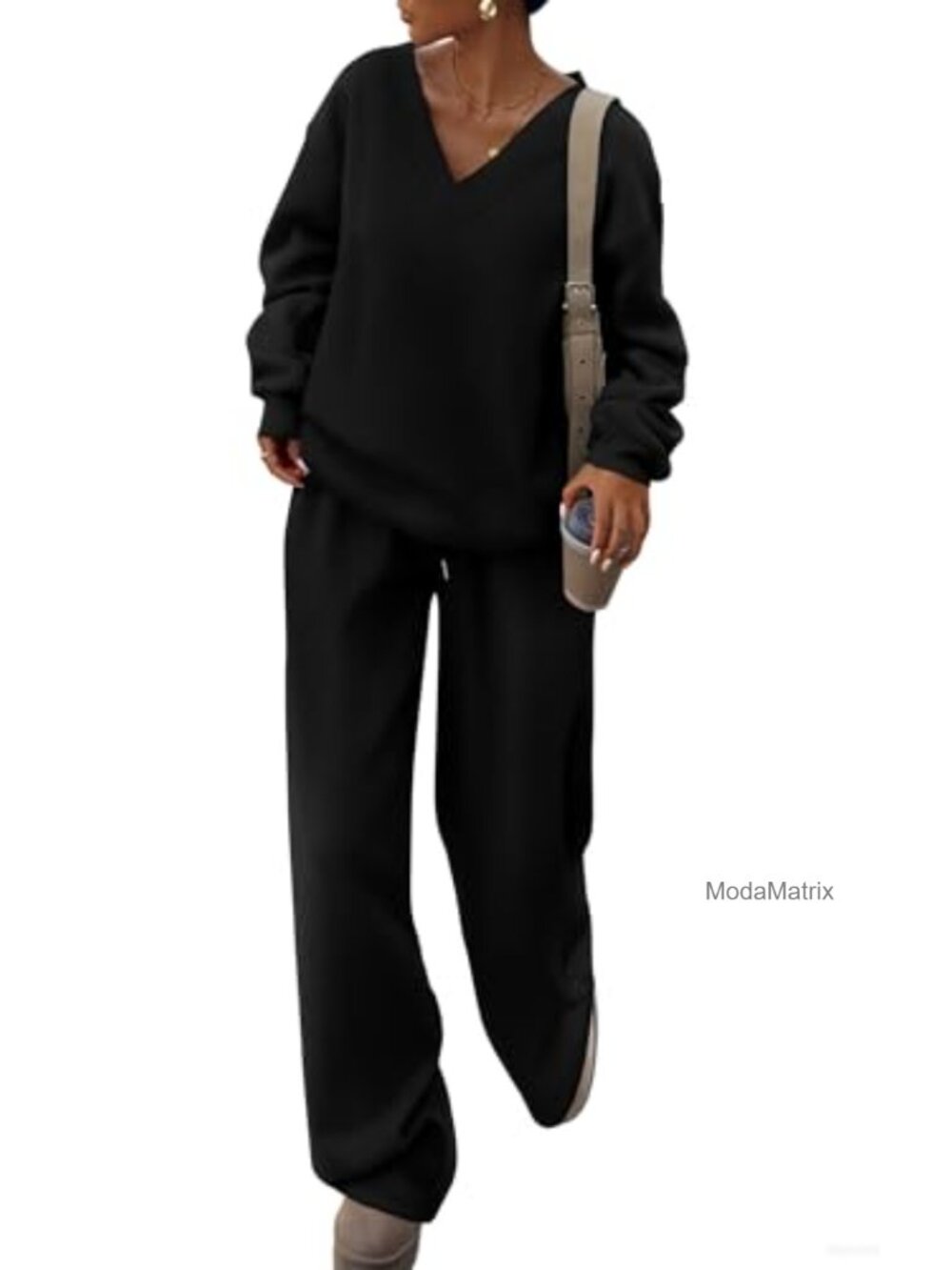 Women's 2 Piece Lounge Set V Neck Oversized Sweatshirt Wide Leg Pants